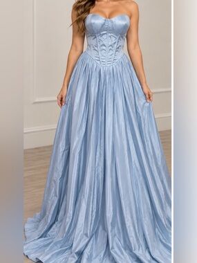 Strapless Light Blue Corset Pleated Gown